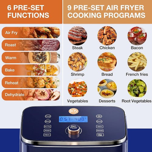 JOY KITCHEN 6Qt Air Fryer, Kitchen Digital Air Fryer with Viewing Window, 6 Cooking Settings, Shake Alert, Auto Shut Off, Non-Stick Fry Basket JOY KITCHEN 6Qt Air Fryer, Kitchen Digital Air Fryer with Viewing Window, 6 Cooking Settings, Shake Alert, Auto Shut Off, Non-Stick Fry Basket